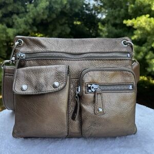 Fossil Morgan Metallic Leather Crossbody Shoulder Bag Boho Purse Bronze Gold